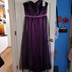 NWT Zaxants Ants Bridal Purple Strapless Floral Lace Long Formal Dress
